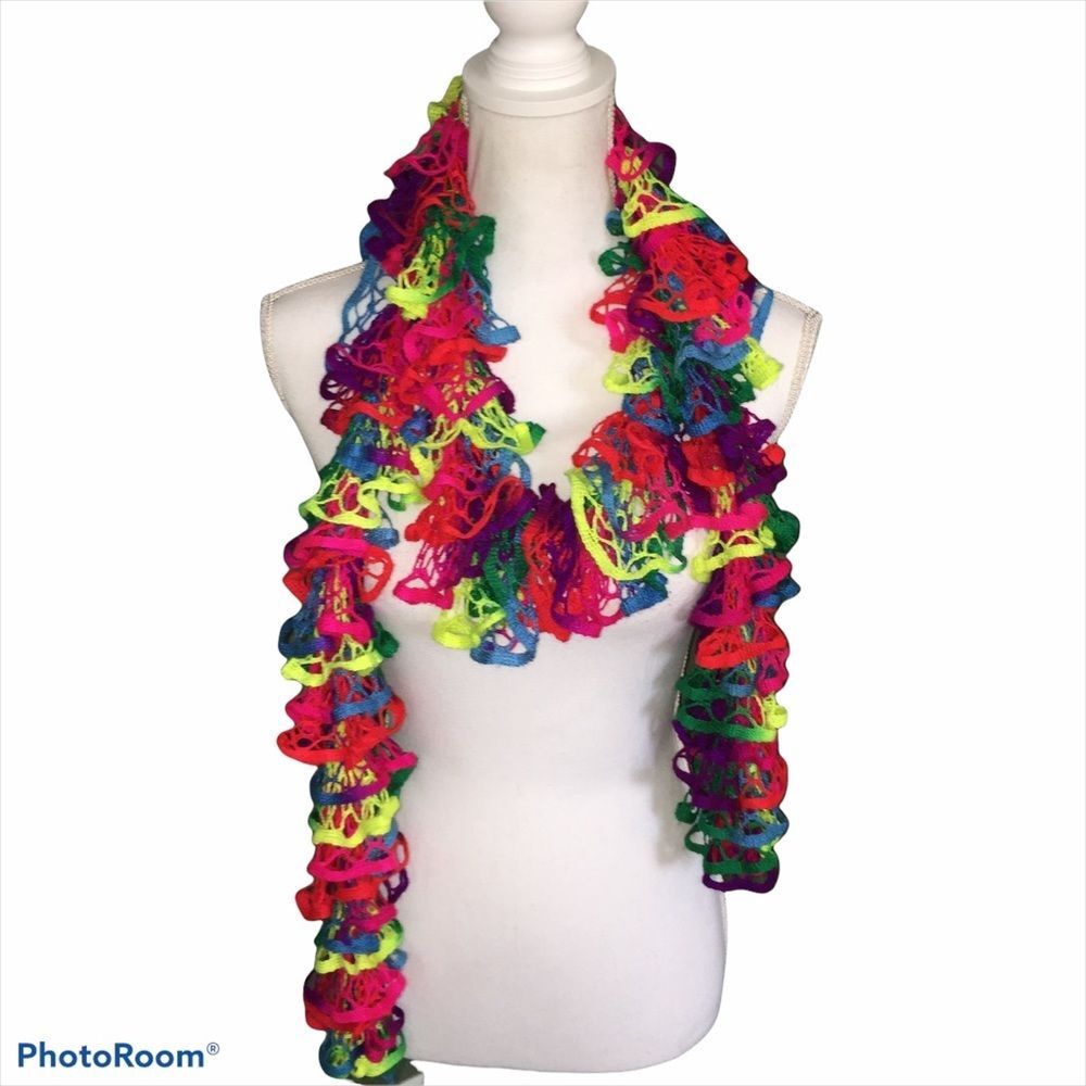 Neon Open Weave Ruffled Rainbow Scarf Festive